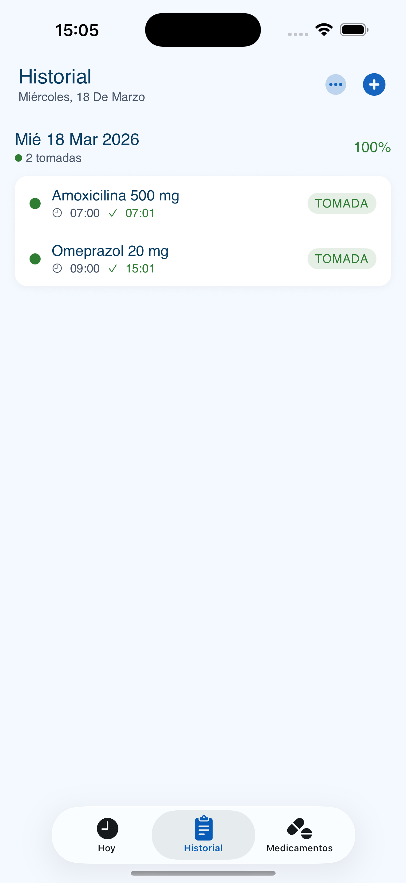 Pantalla de historial de medicacion en myDose