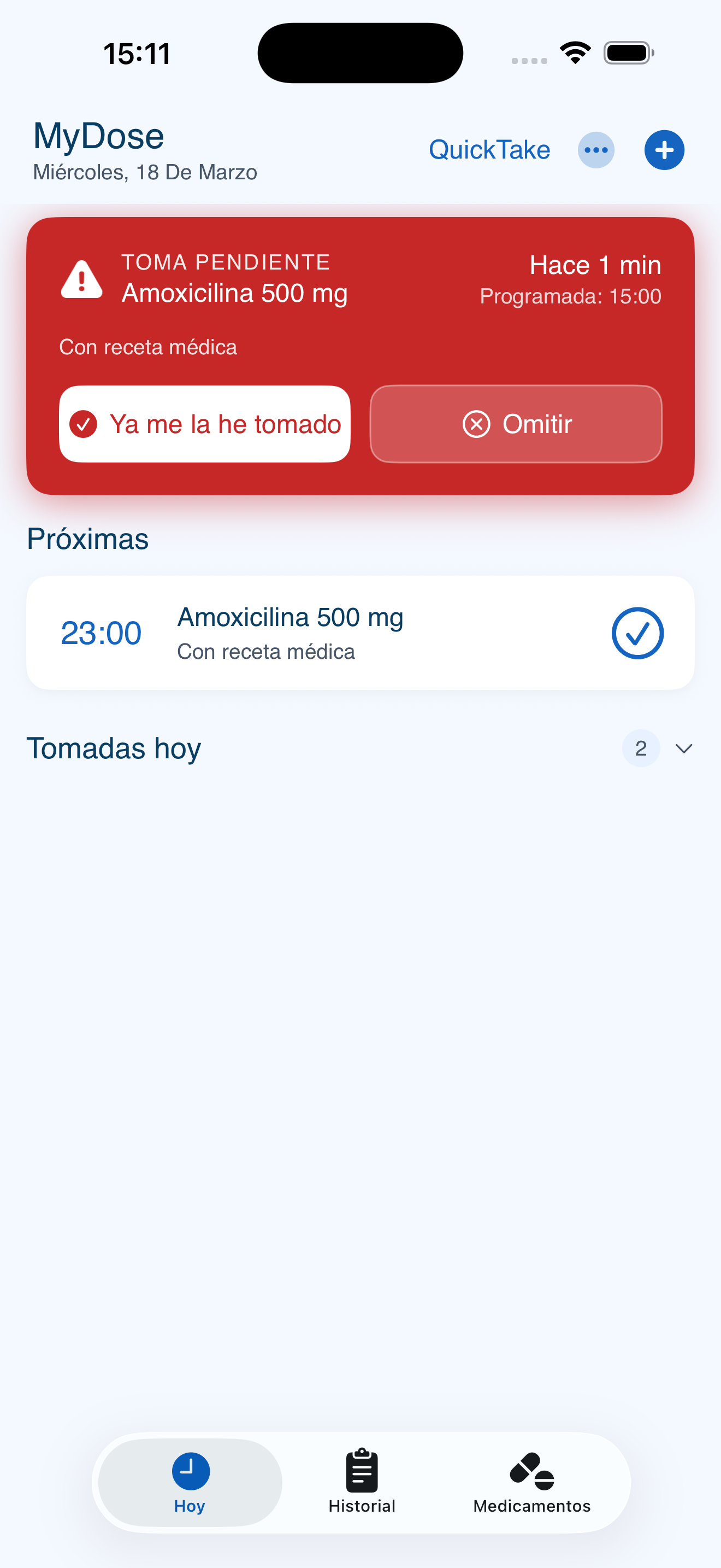Pantalla principal de myDose con una toma pendiente