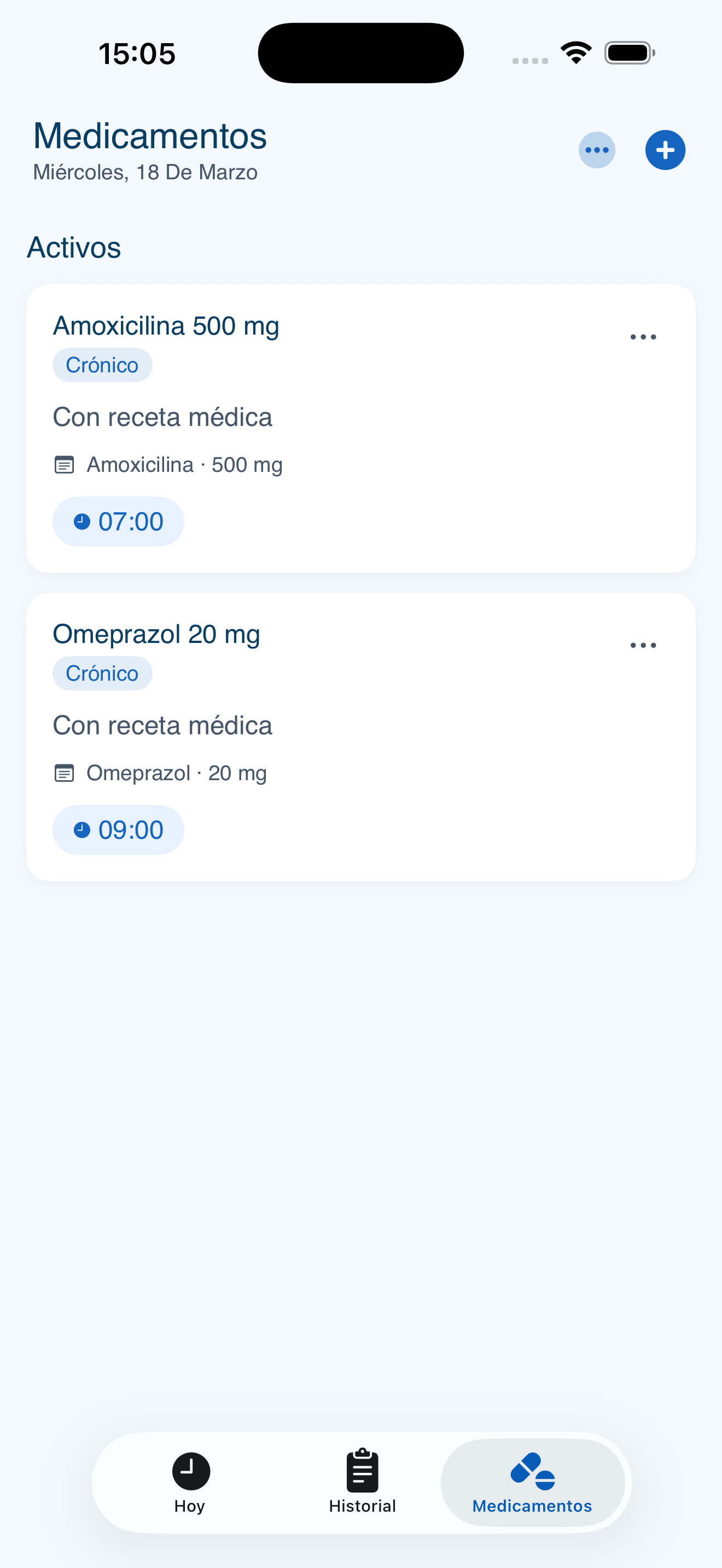 Pantalla de medicamentos activos en myDose