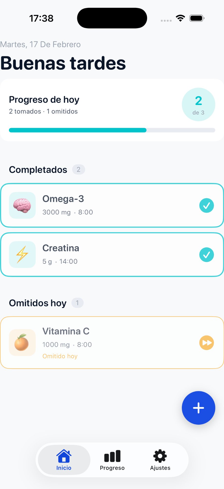 Captura de pantalla de mySupli con la vista principal del dia