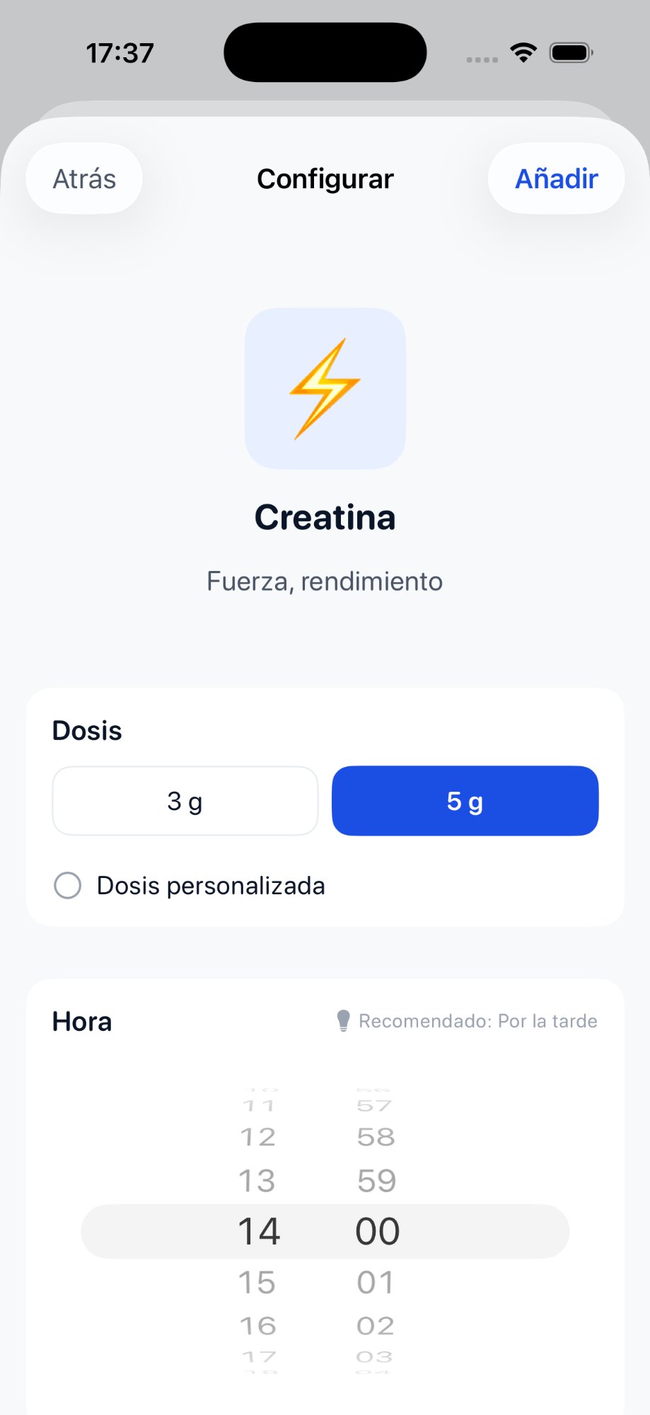 Pantalla para añadir suplementos en mySupli